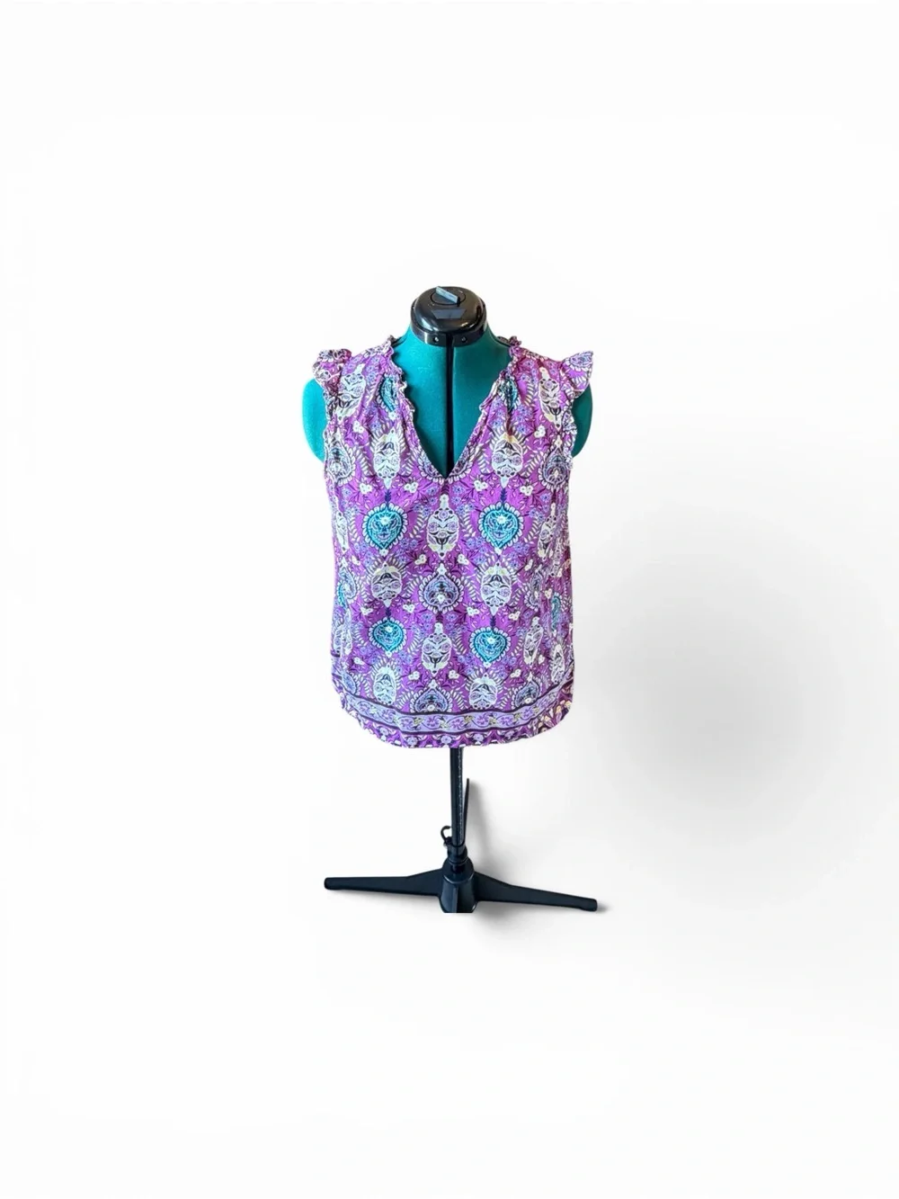 Talbots Purple Floral and Paisley Patterned Ruffle sleeveless blouse Size Large - Picture 2 of 4
